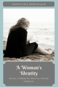 woman reading on the beach with text overlay a woman's identity review of made for more by hannah anderson