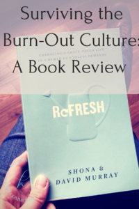 Woman holding the book "refresh" with text overlay surviving the burn-out culture