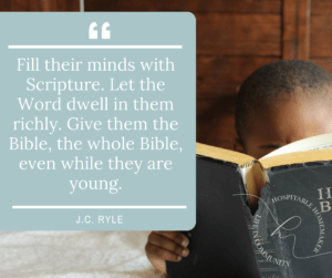 little boy reading Bible in bed with text overlay of quote from J.C. Ryle