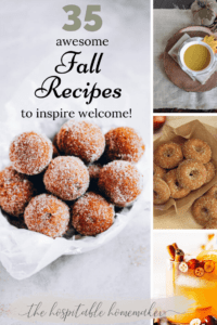donuts, donut holes, soup, and sparkling drink in collage with text overlay 35 awesome Fall Recipes to inspire Welcome